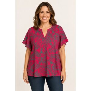NWT Southern Stitch Fuchsia Green Paisley Flutter Sleeve Top 3X Bright Blouse